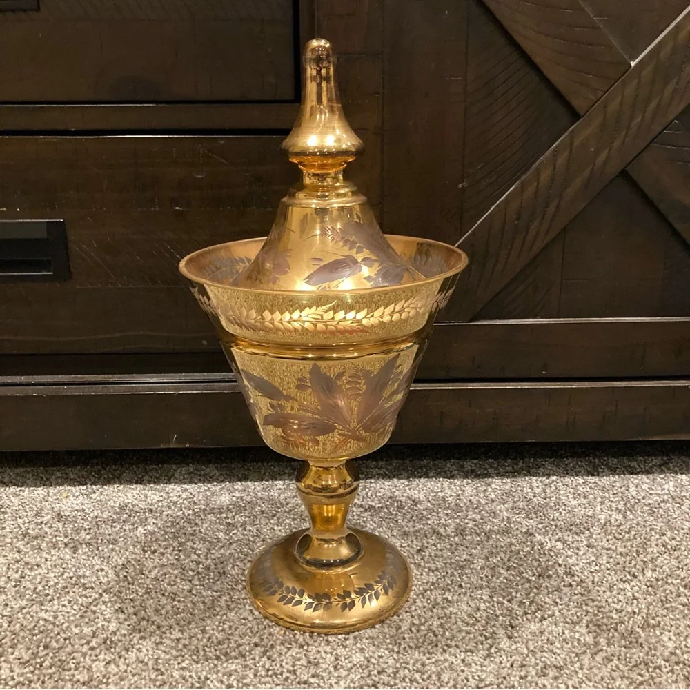 Antique BOHEMIAN CZECH Gilt Etched Crystal Candy Dish w/Lid